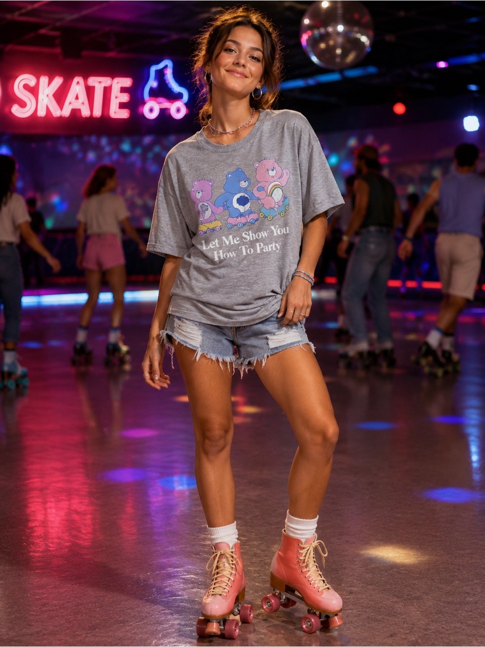 Care Bears XL Gray Tee Blue and Pink Graphics GUC Retro Skate Casual Neutral